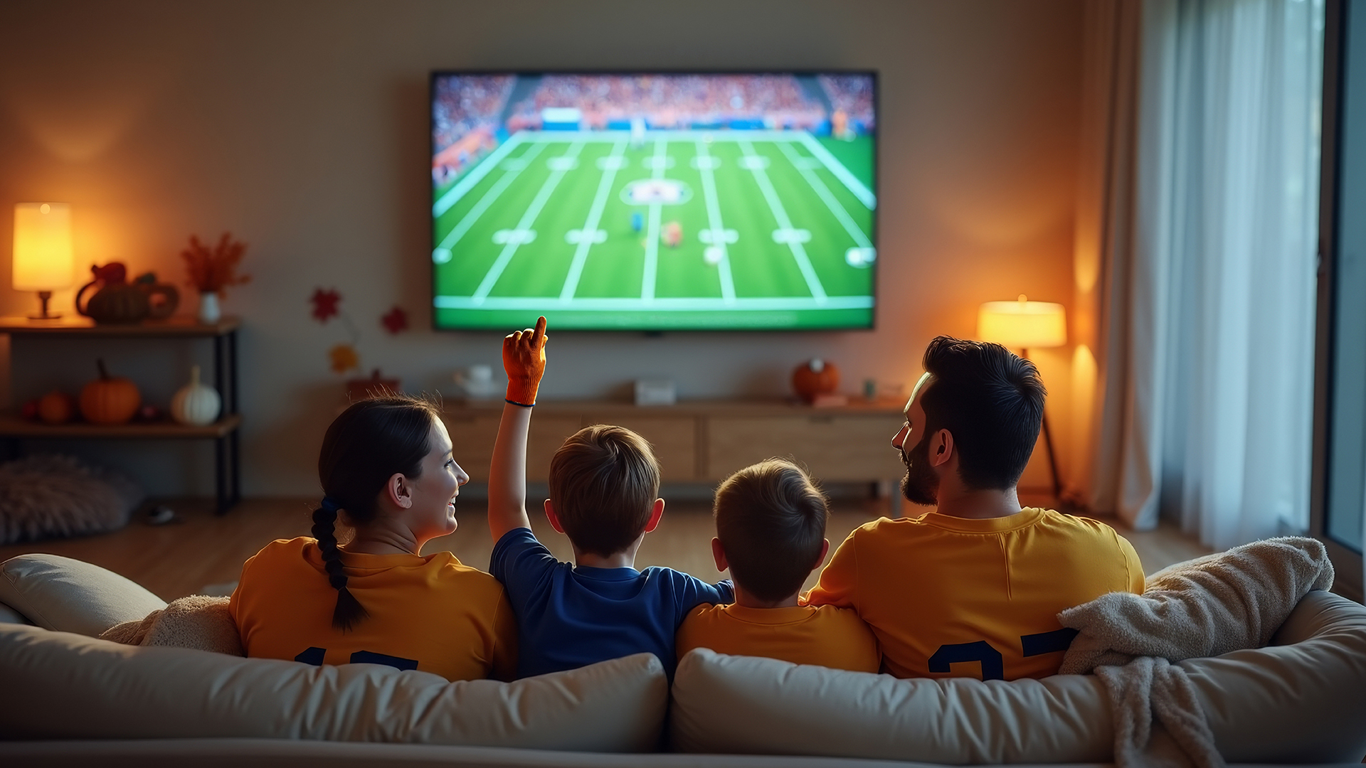 Family streaming a football game on TV.