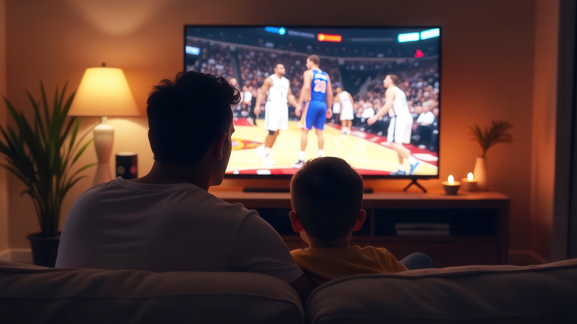 Family watching a basketball game on TV.